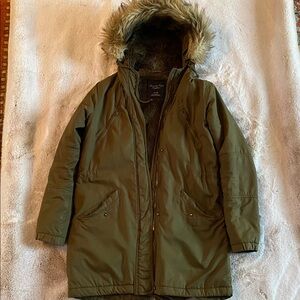 American Eagle Outfitters Olive Parka with Hood (Detachable Fur Trim)